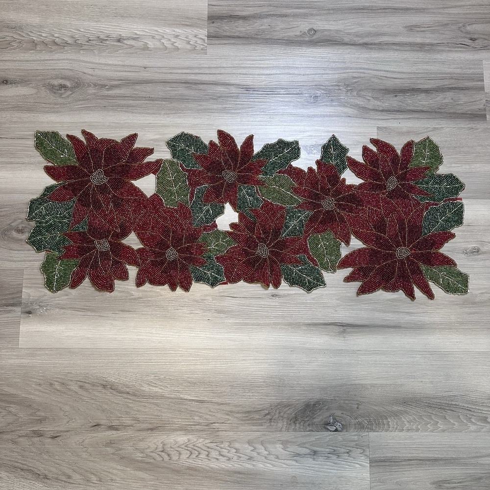 Beaded Poinsettia Christmas Table Runner 34"x12" Heavy Holiday‎  Xmas Classic